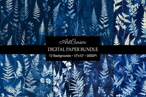 Deep Blue Ferns Wildflowers Backgrounds: Cyanotype Artistry